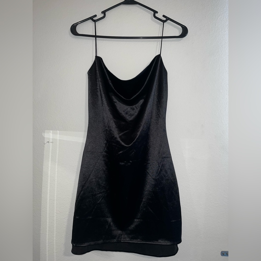 ZAFUL silky little black dress with swoop neckline and small side slits.